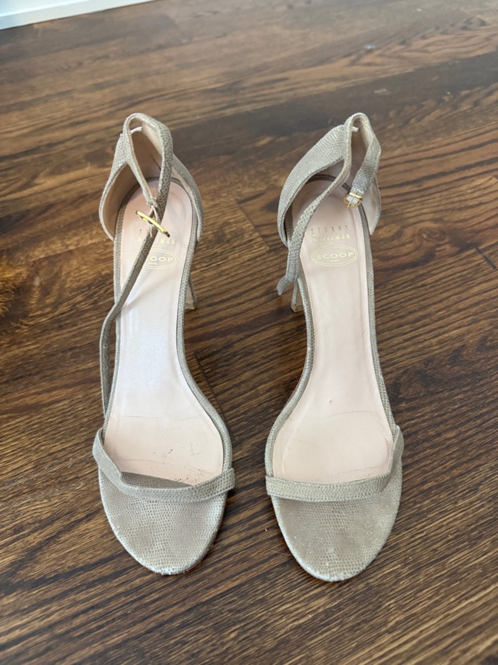 Stuart Weitzman Nudist Beige Textured Ankle-Strap Heels Shoes